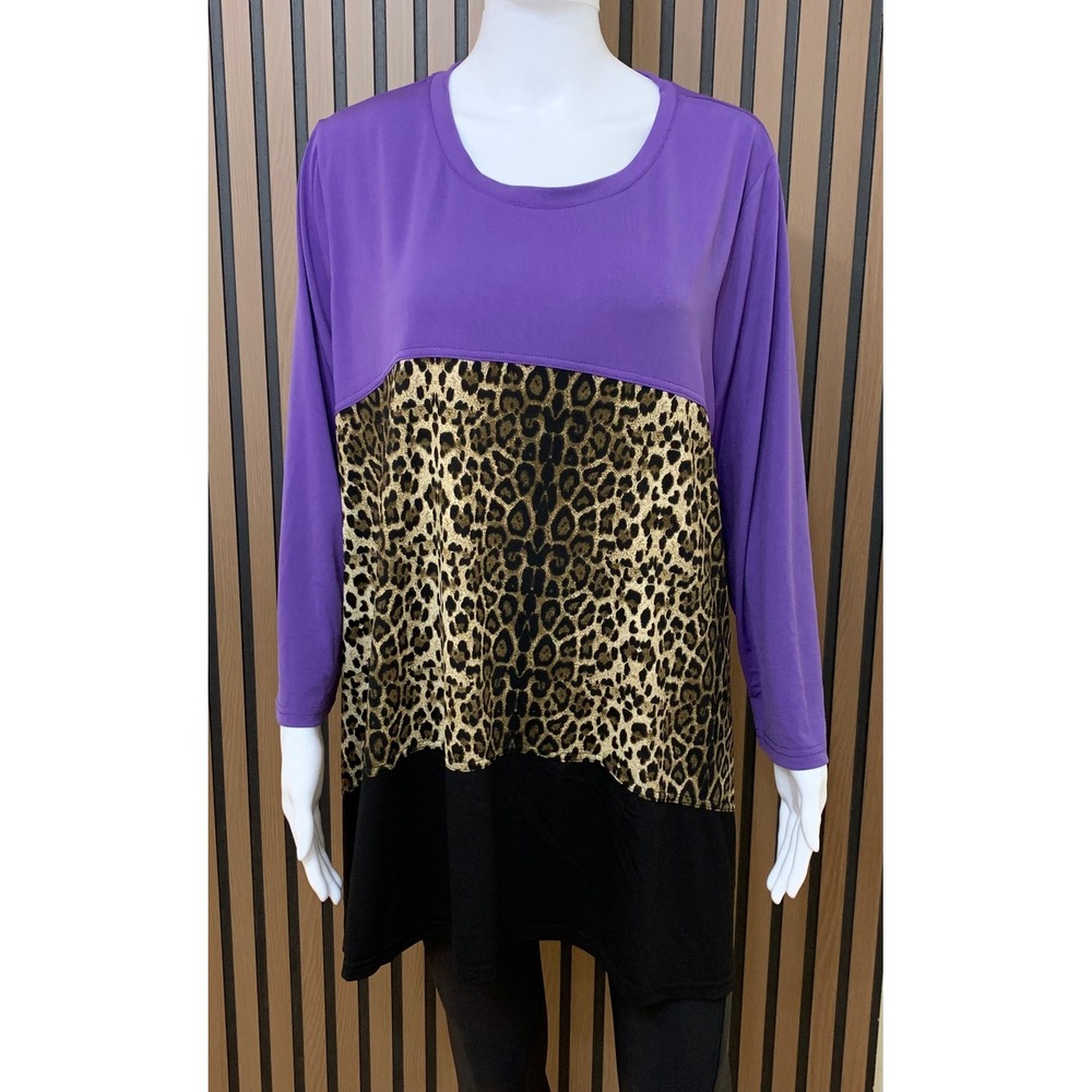 Calessa Women's 1X Purple Leopard Print Long Sleeve Tunic Top Lagenlook Artsy